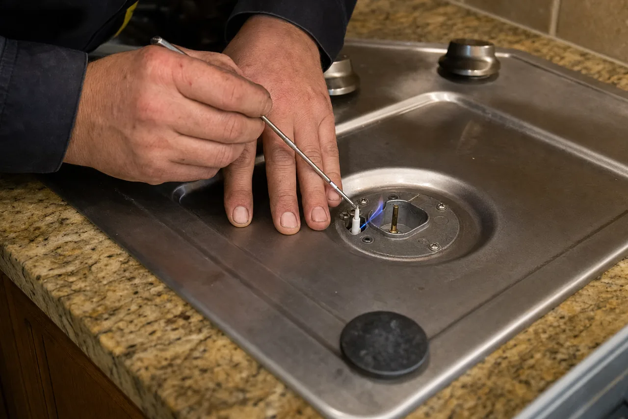 Hand holding a slim probe against a cooktop burner electrode with a small blue flame at its tip, granite surround in frame