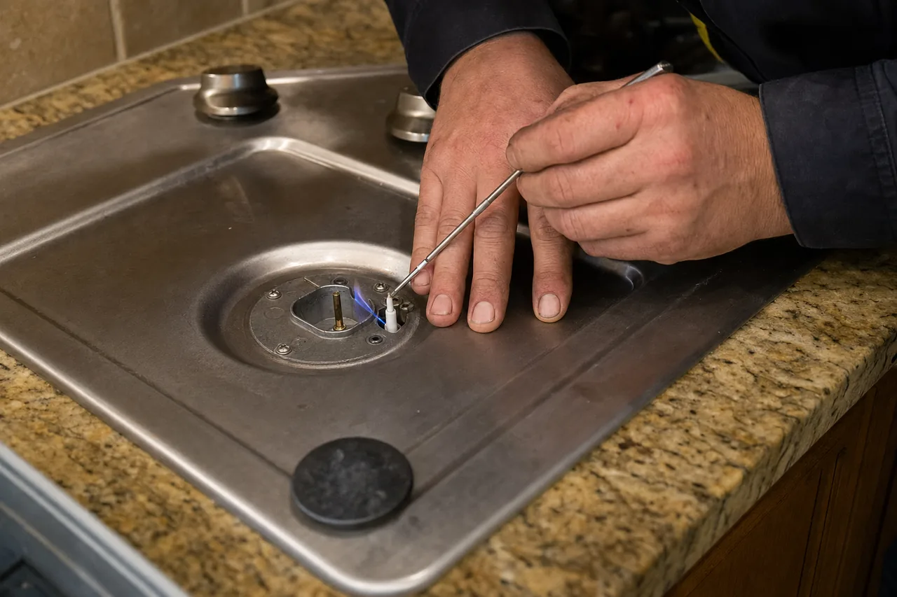 Hand flat on a stainless cooktop beside an open burner well, a thin probe pointed at the electrode and a removed burner cap lying alongside