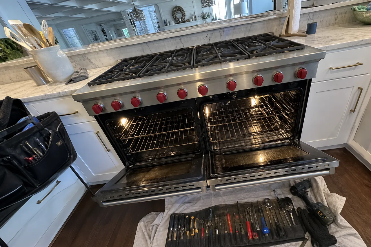A wide stainless range with a row of red knobs and both oven doors lowered, racks lit inside, while a tool roll of screwdrivers and pliers lies on a white drop cloth beside a cordless drill