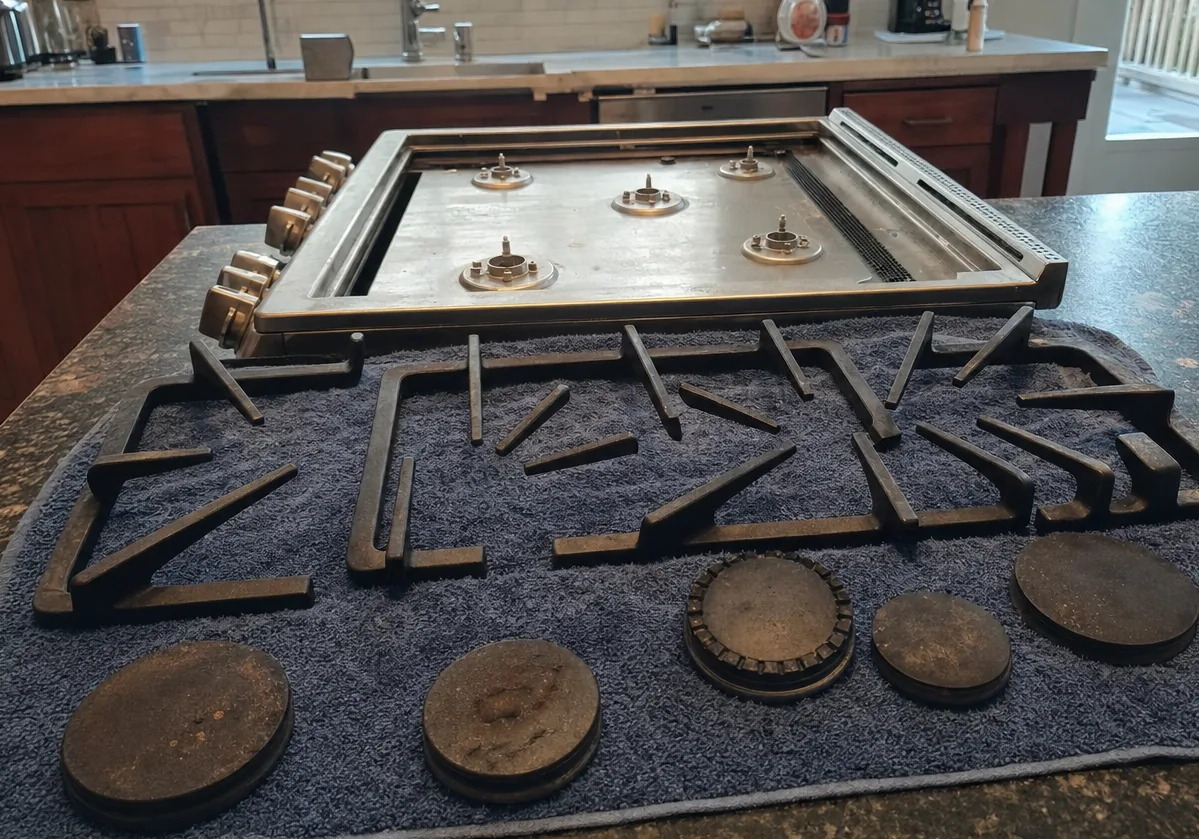 Stainless gas cooktop resting on a kitchen island with its grates off, brass burner heads and the slotted downdraft grille exposed