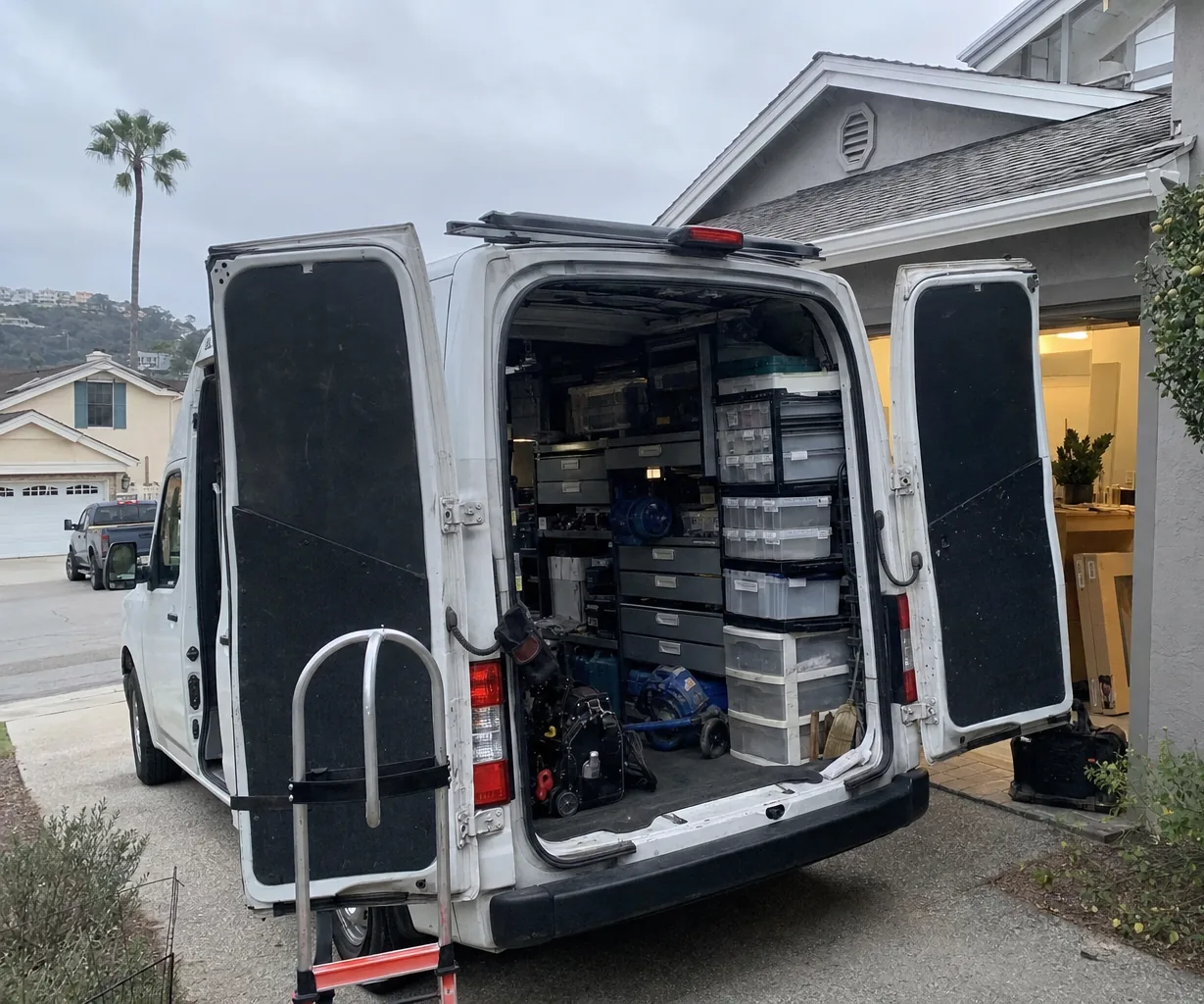 Open rear doors of a service van on a driveway, a strapped hand truck alongside stacked parts drawers and bins