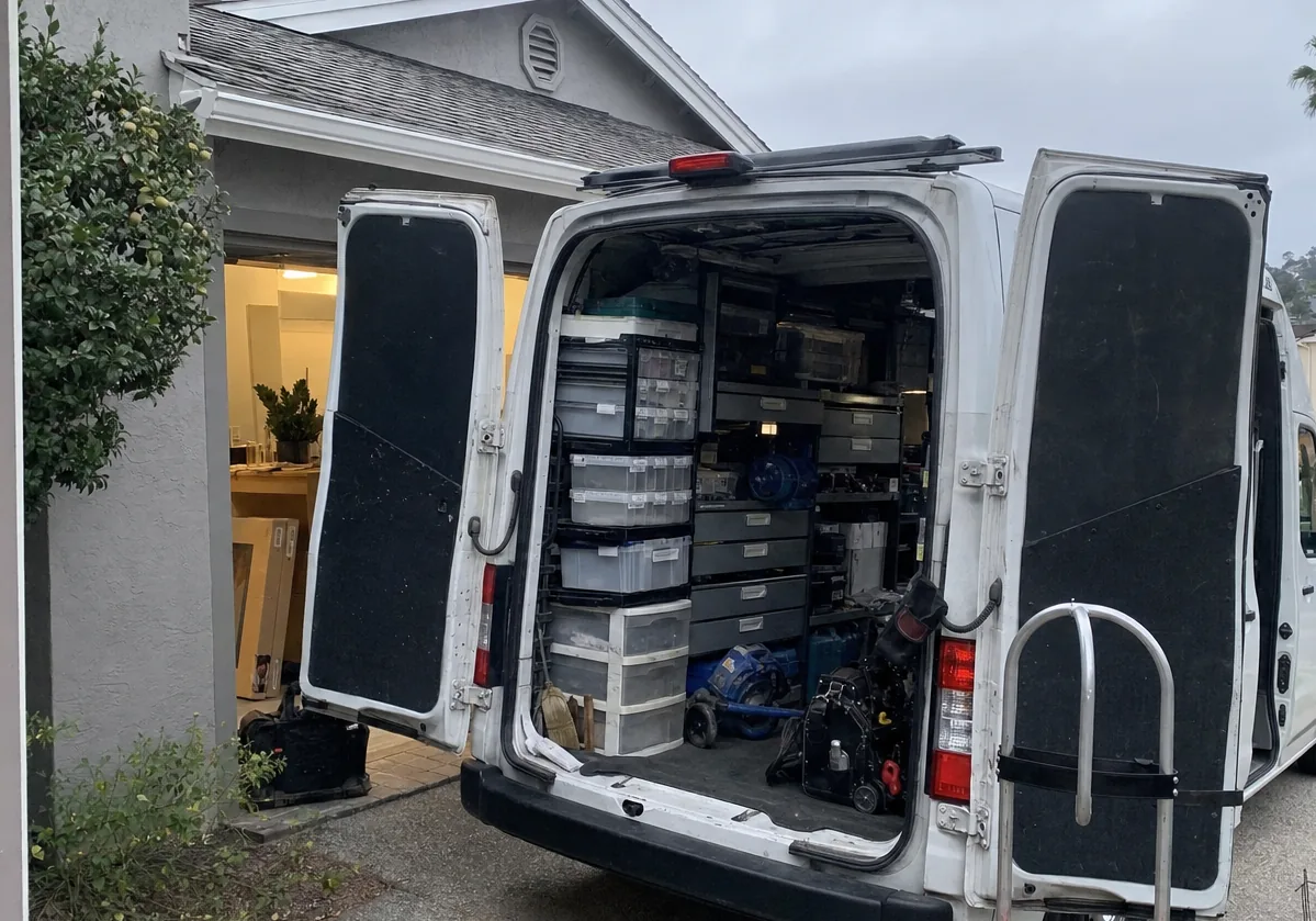 Close view into the back of a service van in a driveway, stacked parts drawers and clear bins filling the shelving behind the open rear doors