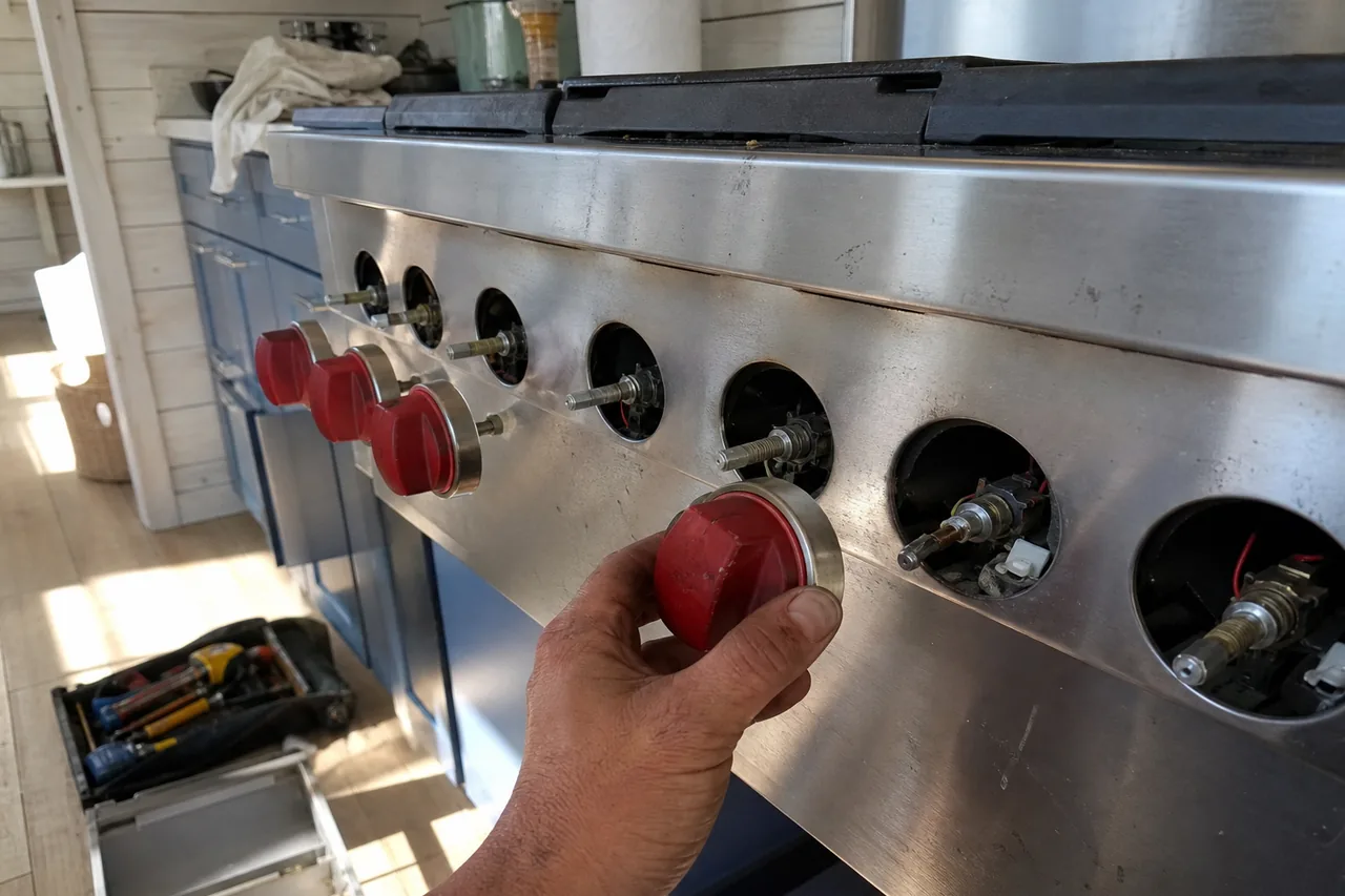 A hand drawing a red control knob off a stainless range front, the empty holes beside it exposing valve stems and spark switch wiring, with an open tool bag on the wood floor by blue cabinets